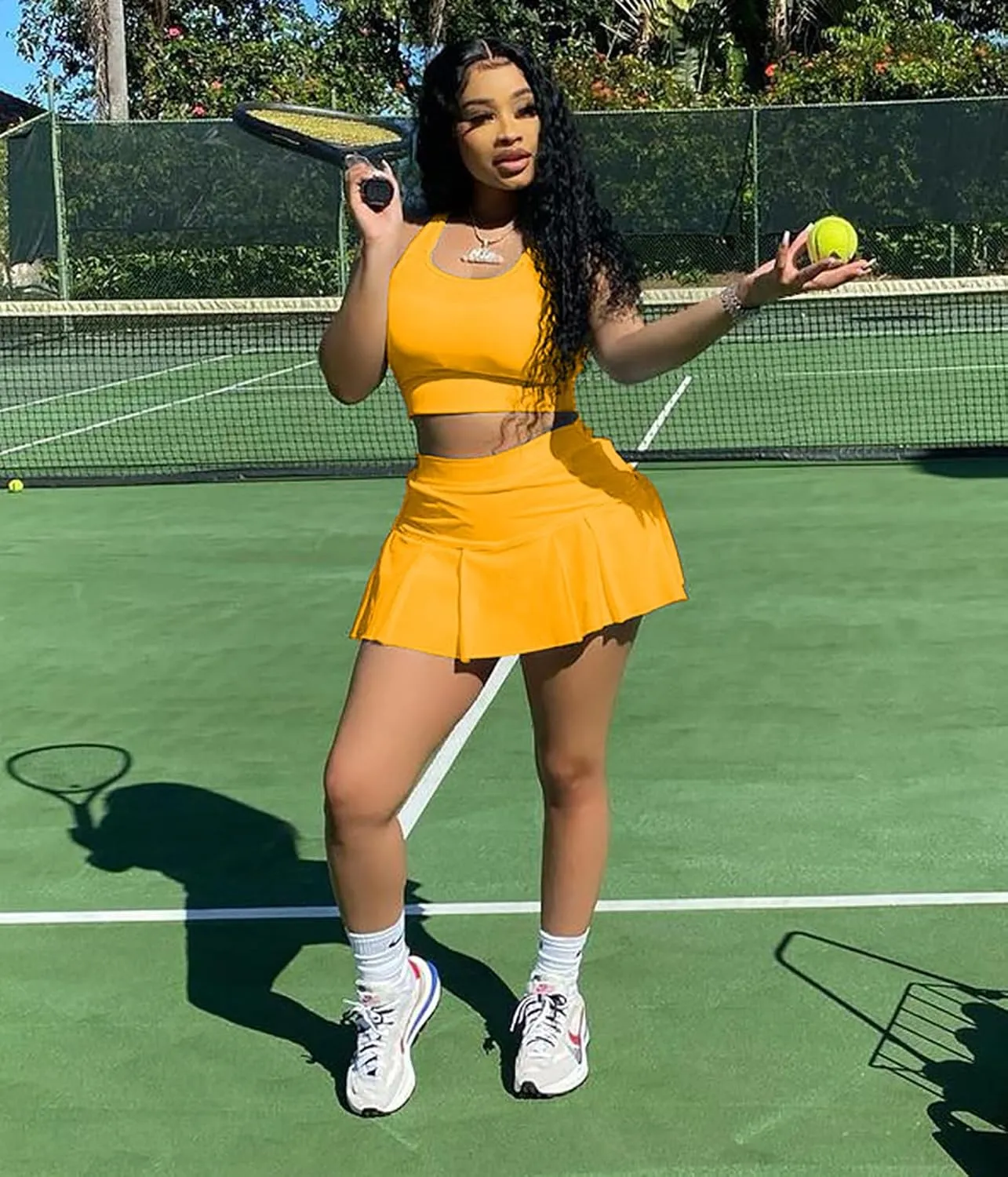 Adogirl Women Tennis Skirt Sets 2 Piece Outfits Casual Tank Crop Top Pleated Mini Dress Golf Athletic Sport Workout Outfits