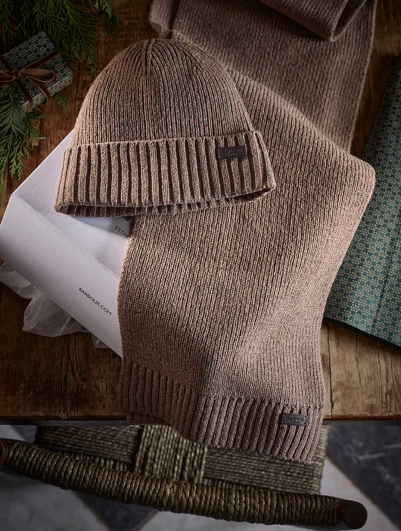 Barbour Mens Carlton Fleck Beanie & Scarf Set Sandstone