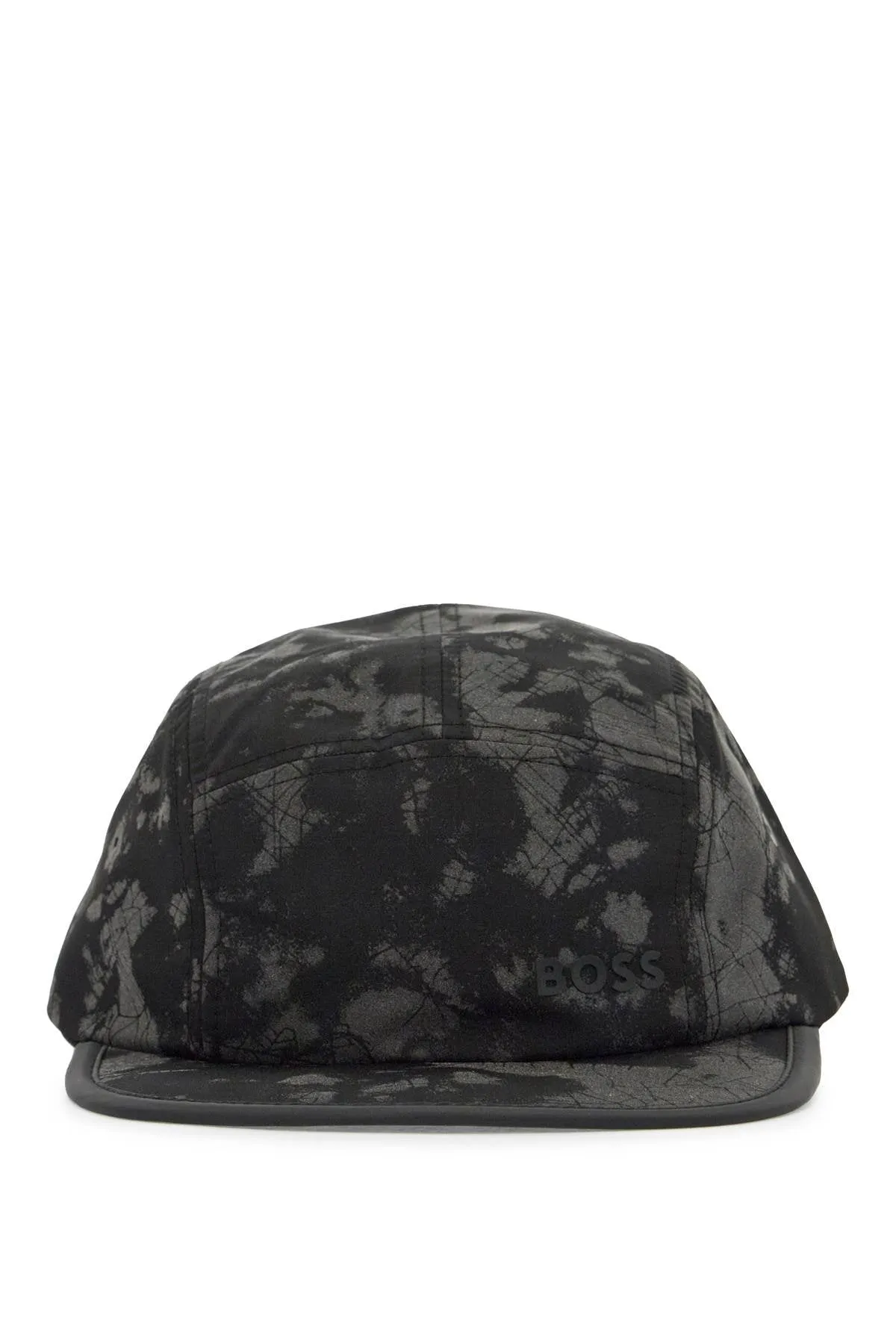 BLACK FLAT BRIM HAT WITH GRAPHIC PRINT AND ADJUSTABLE CLOSURE