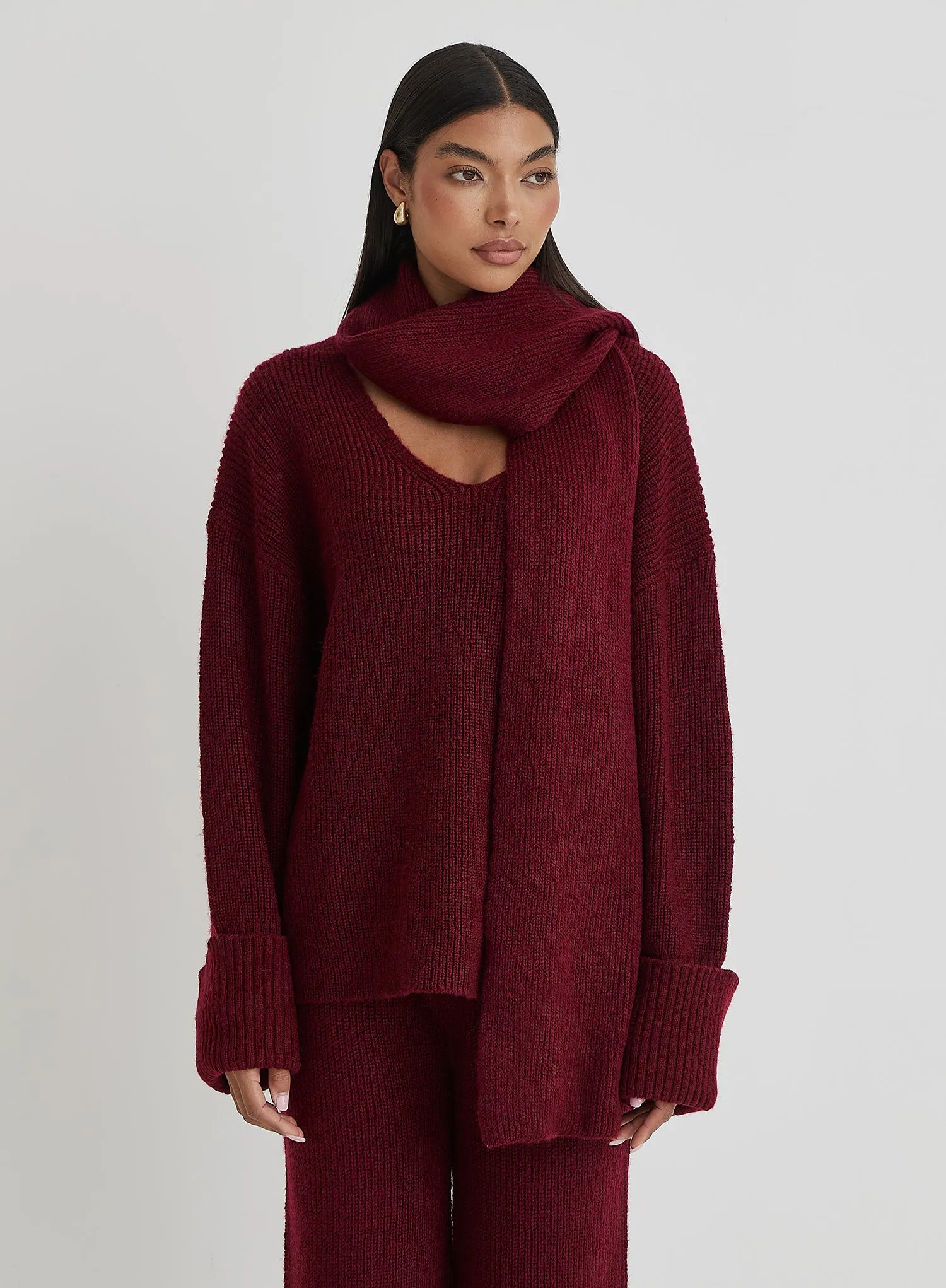 Burgundy Slouchy Knitted Jumper With Scarf - Remy