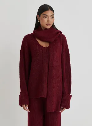 Burgundy Slouchy Knitted Jumper With Scarf - Remy
