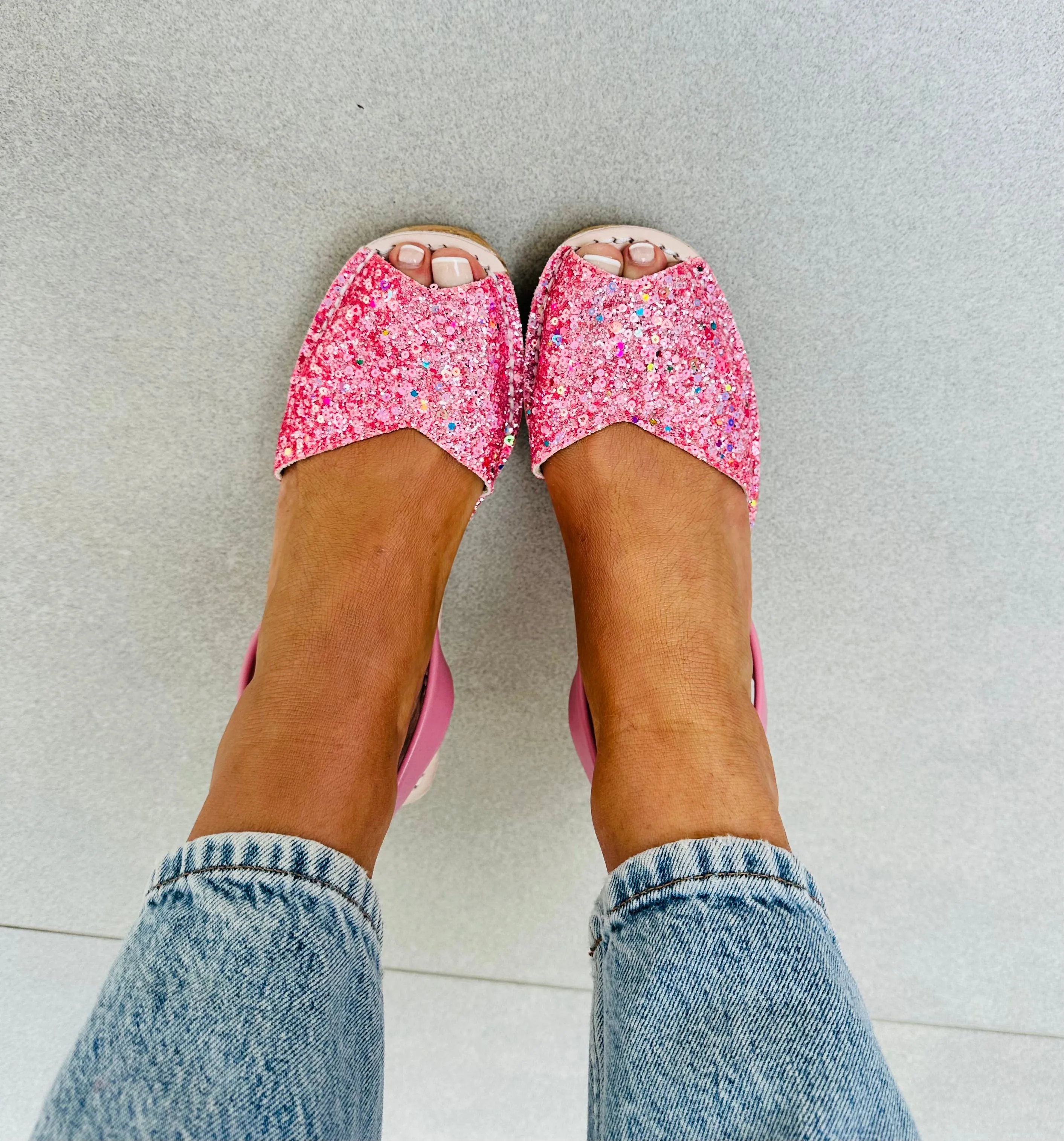 California Girl Pink Glitter Cork Wedge