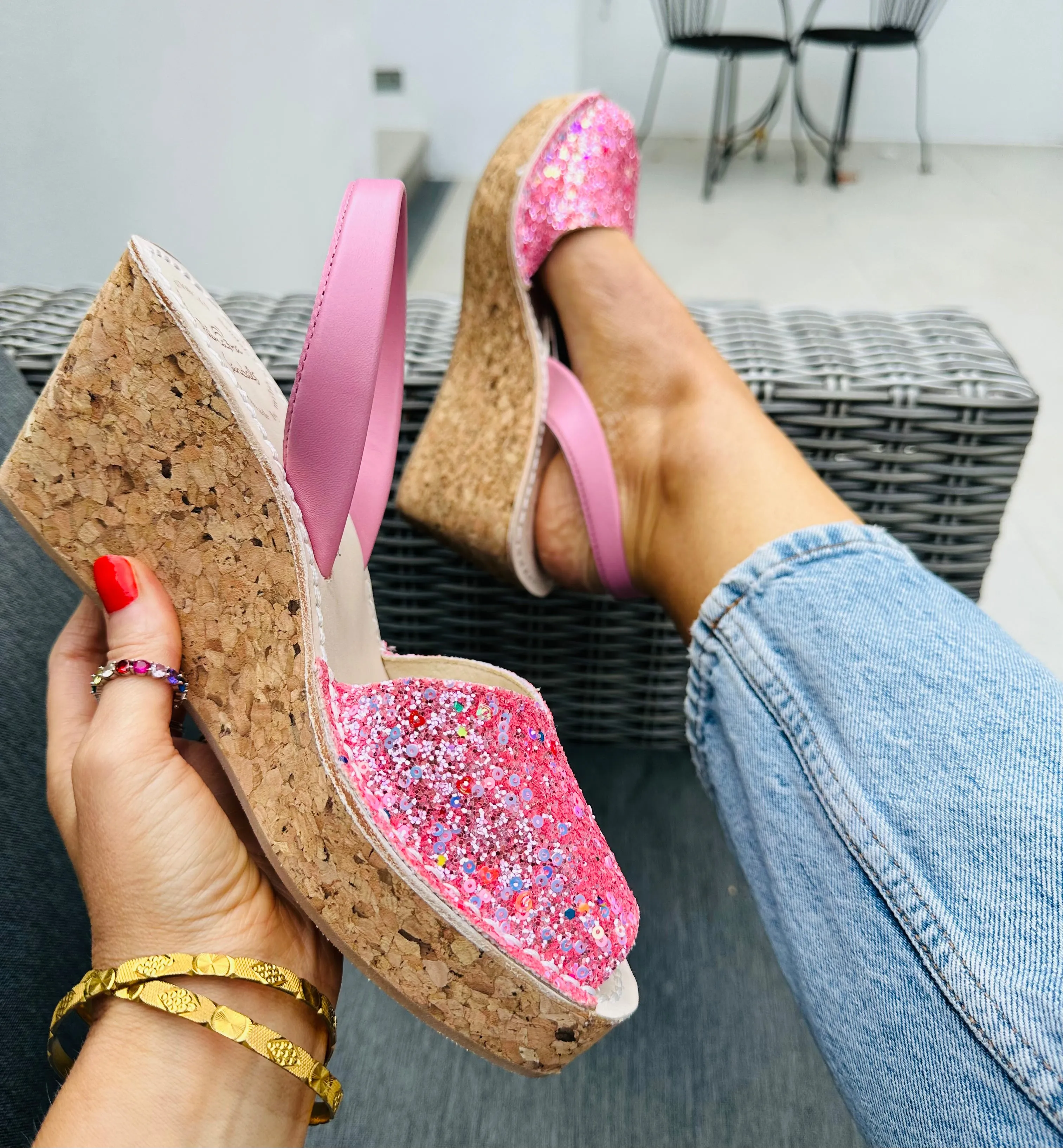 California Girl Pink Glitter Cork Wedge