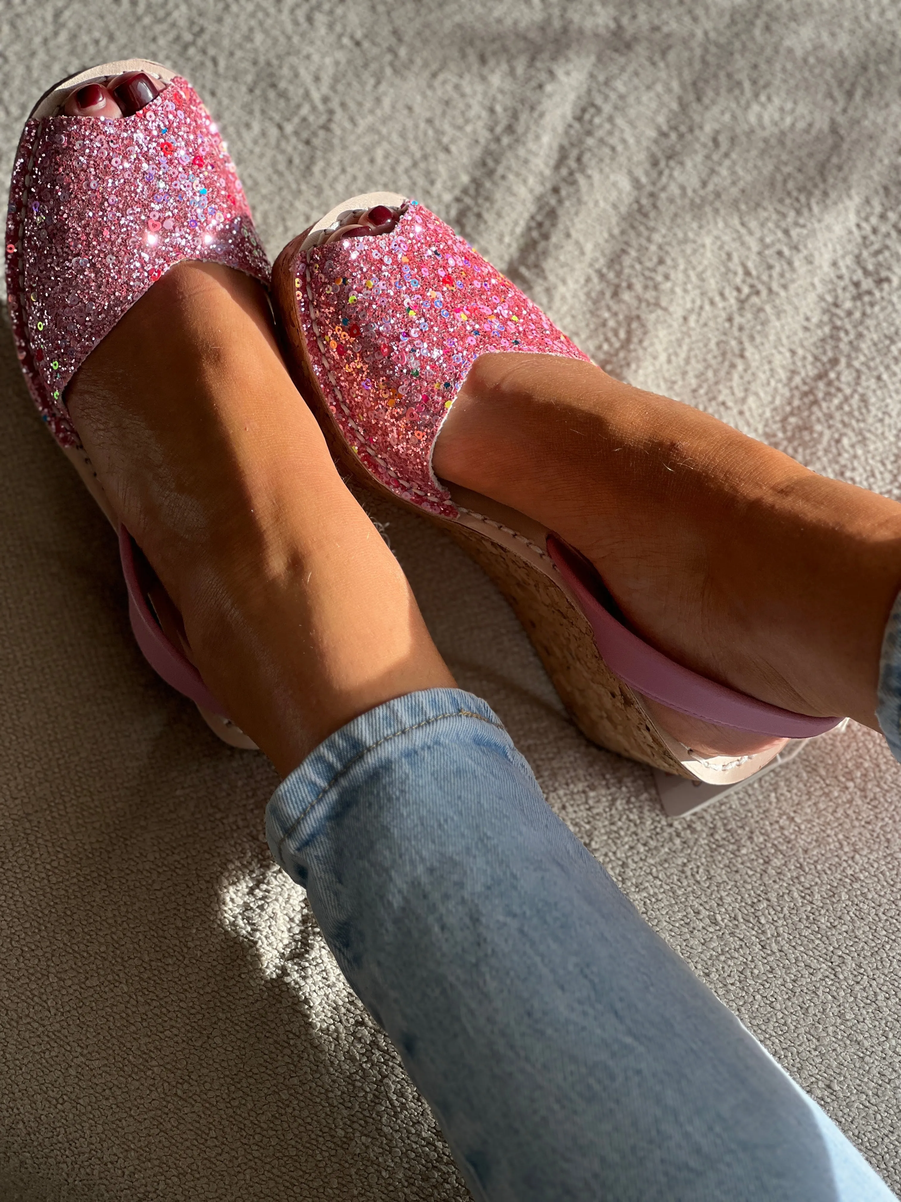 California Girl Pink Glitter Cork Wedge
