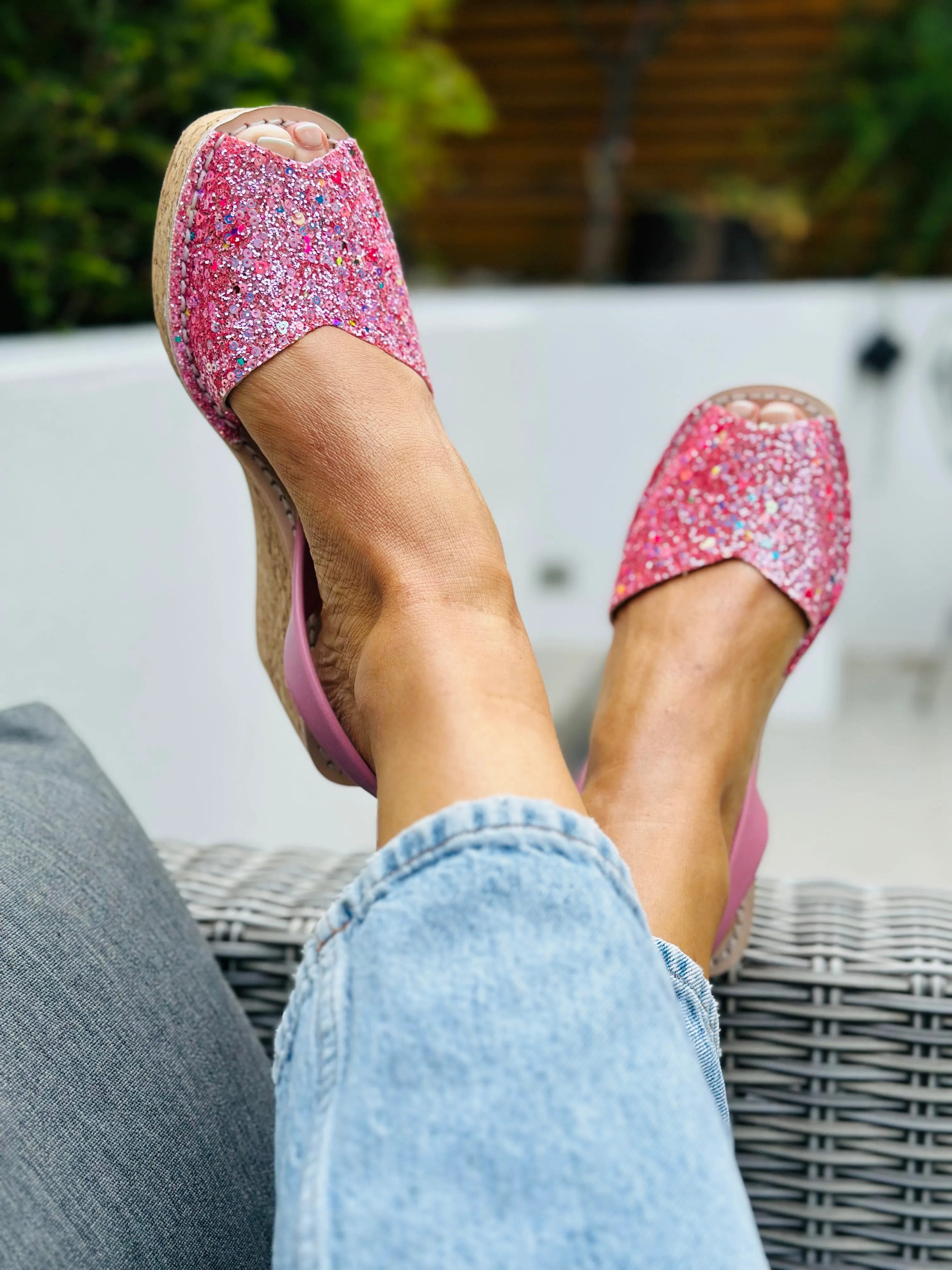 California Girl Pink Glitter Cork Wedge