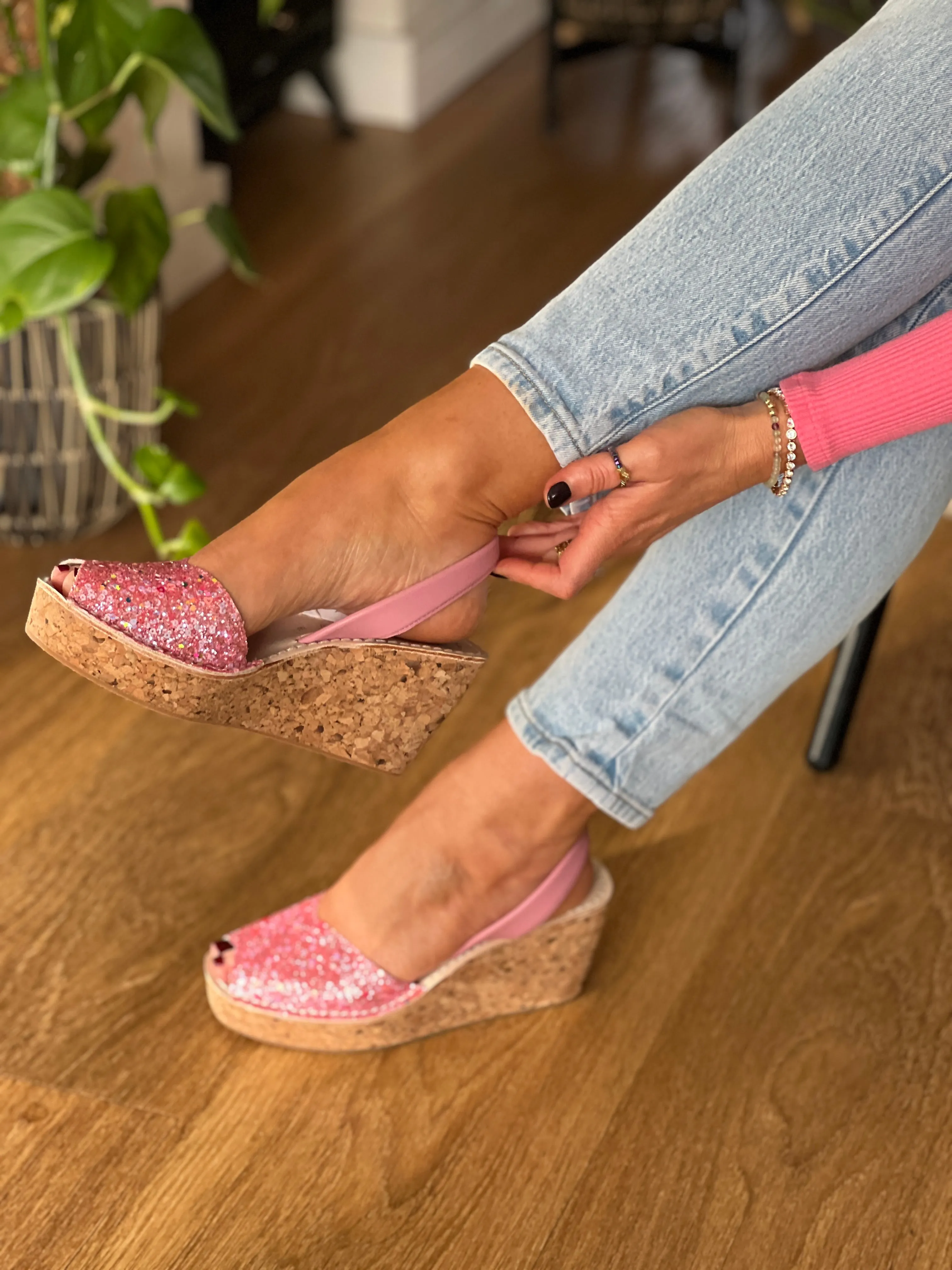 California Girl Pink Glitter Cork Wedge