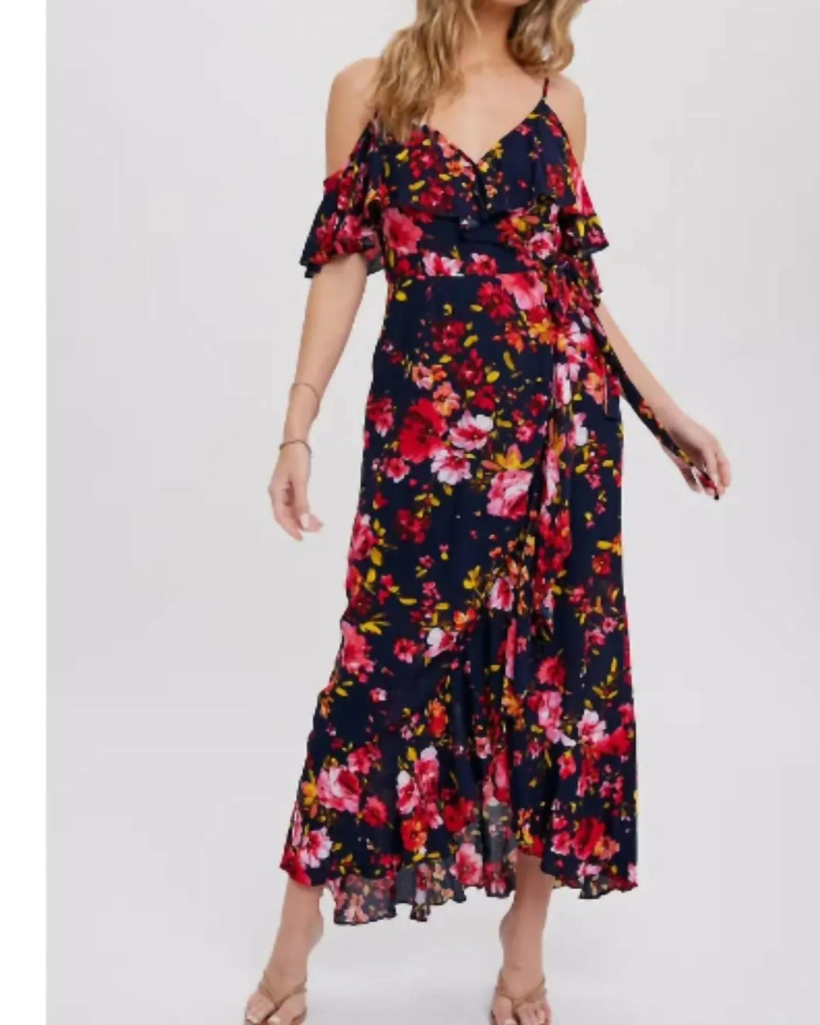 Cold Shoulder Ruffled Wrap Dress in Navy | Navy