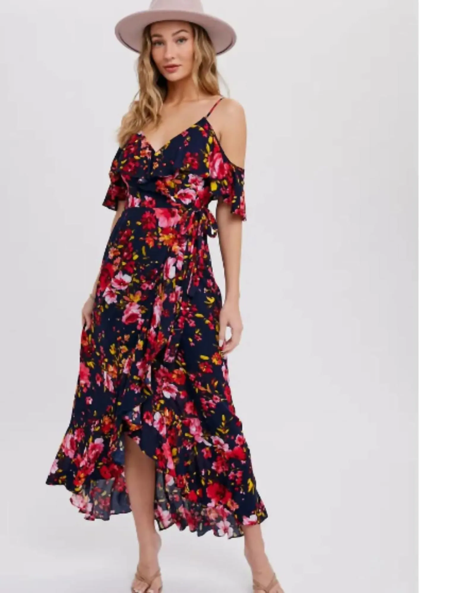 Cold Shoulder Ruffled Wrap Dress in Navy | Navy