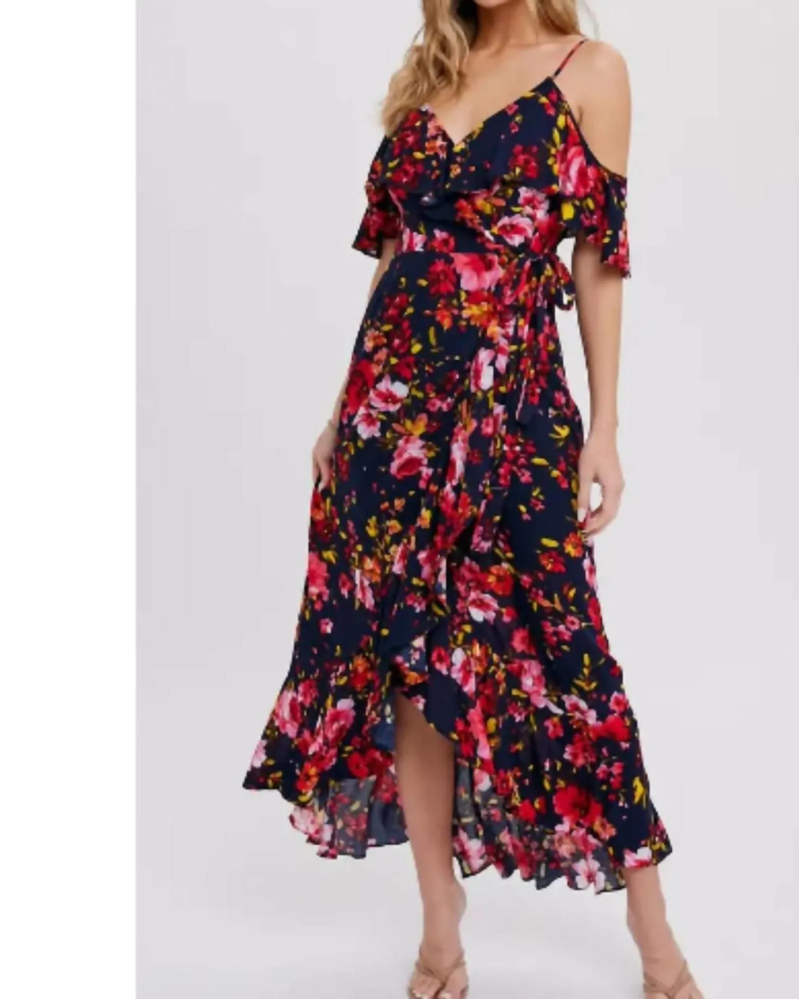 Cold Shoulder Ruffled Wrap Dress in Navy | Navy