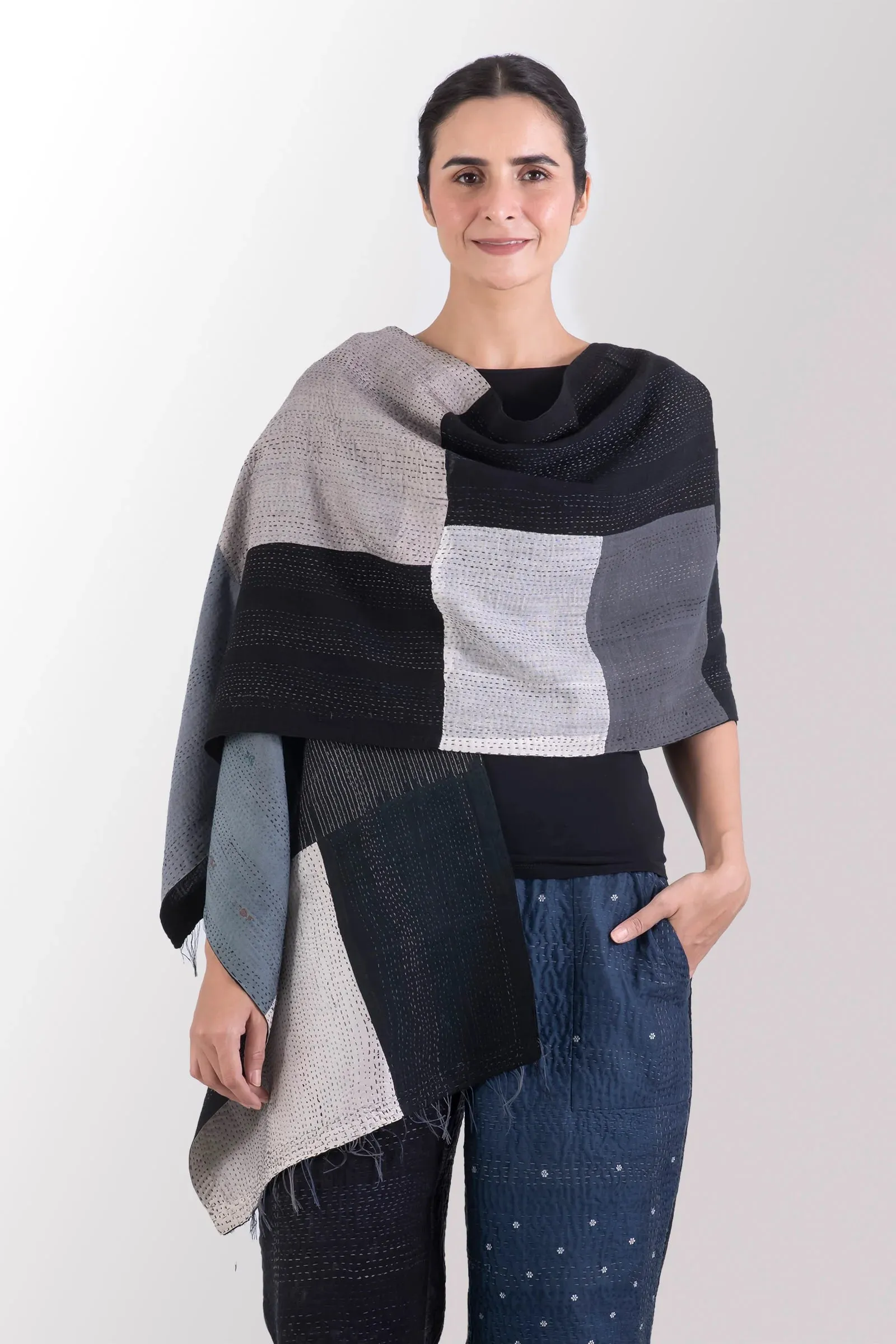 COTTON SILK SW PATCH OMBRE KANTHA SCARF