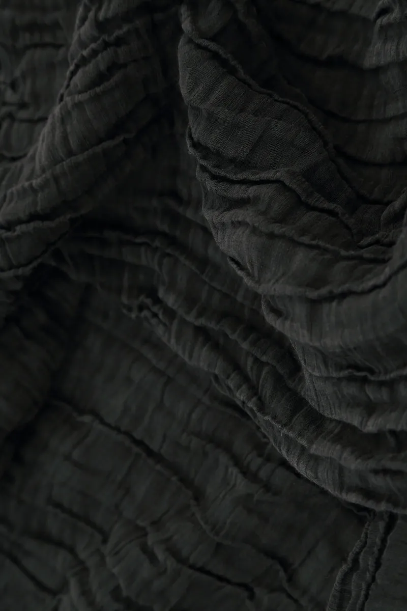 Cowl Neck Crinkled Black Silk Linen Dress