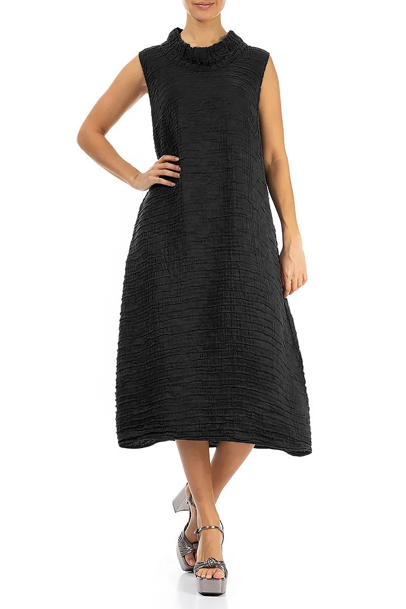 Cowl Neck Crinkled Black Silk Linen Dress