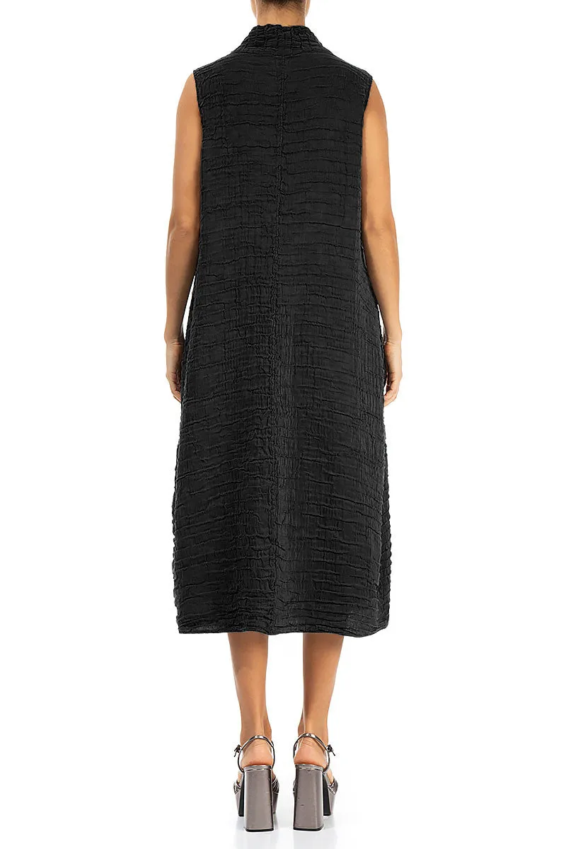 Cowl Neck Crinkled Black Silk Linen Dress