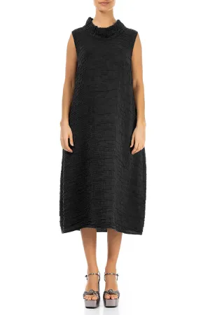 Cowl Neck Crinkled Black Silk Linen Dress