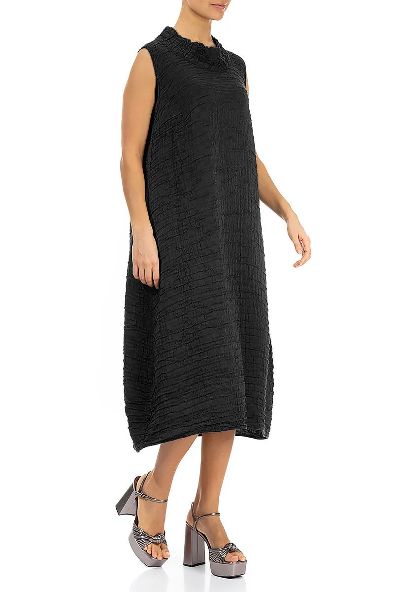 Cowl Neck Crinkled Black Silk Linen Dress