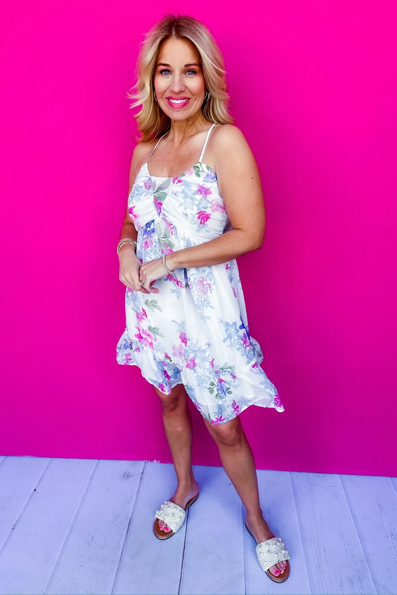Criss Cross Spaghetti Strap Off White Floral Dress