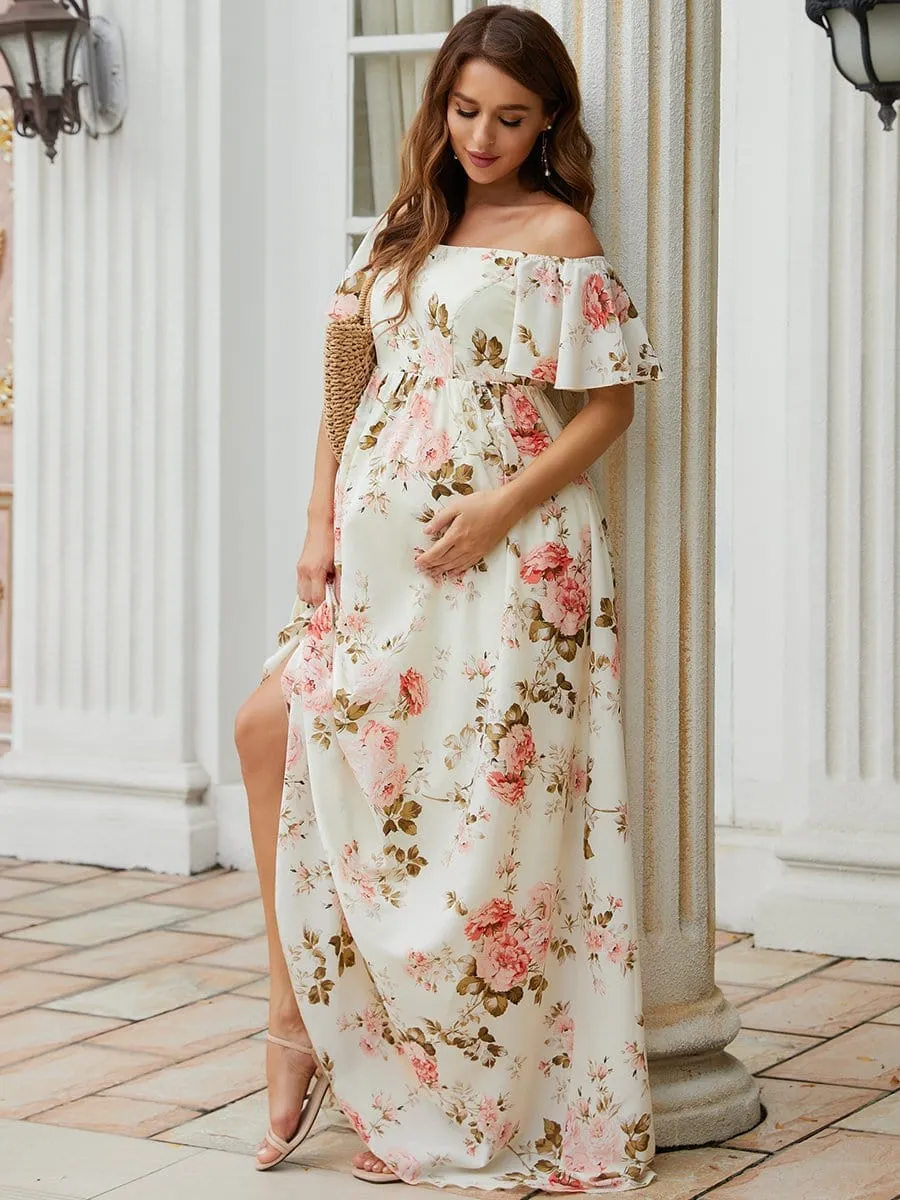 Elegant Lotus Leaf Floral Sprint Maxi Maternity Dress