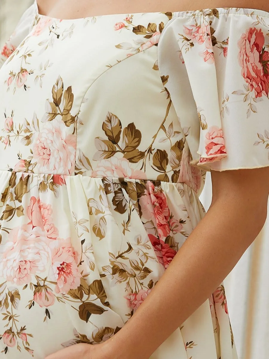 Elegant Lotus Leaf Floral Sprint Maxi Maternity Dress