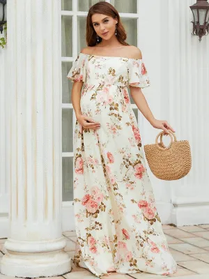 Elegant Lotus Leaf Floral Sprint Maxi Maternity Dress