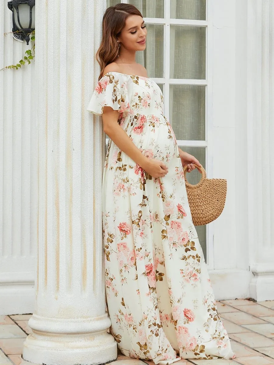 Elegant Lotus Leaf Floral Sprint Maxi Maternity Dress