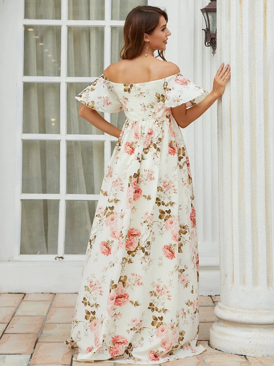 Elegant Lotus Leaf Floral Sprint Maxi Maternity Dress