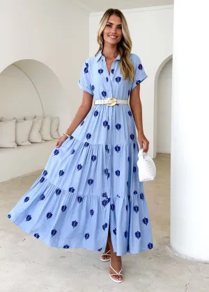 Espeon Maxi Dress - Blue Embroidered