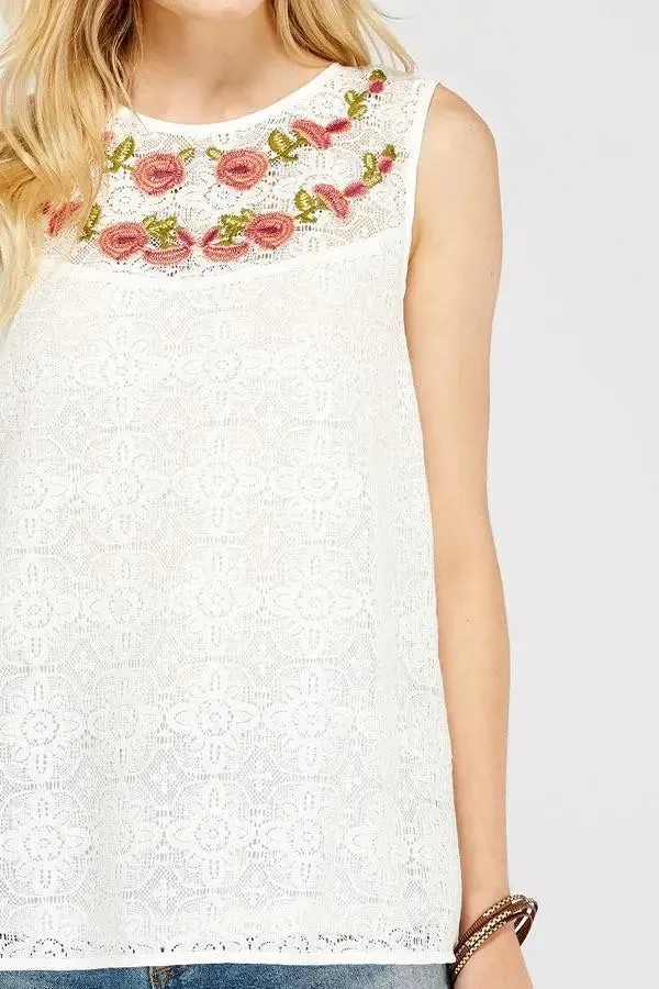 Floral Embroidered Boat-Neck Sleeveless Top