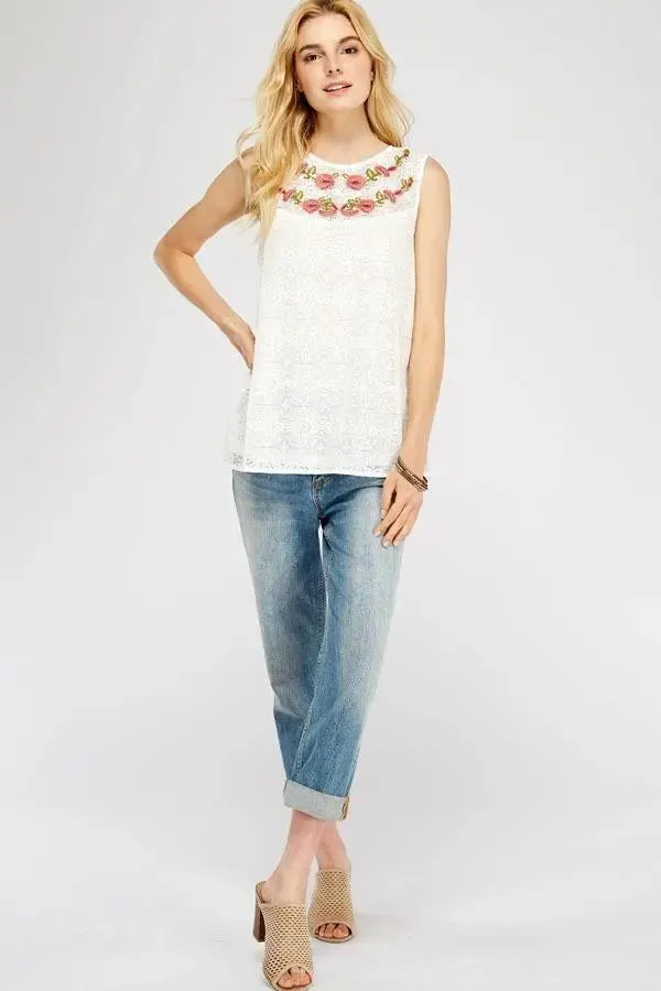 Floral Embroidered Boat-Neck Sleeveless Top