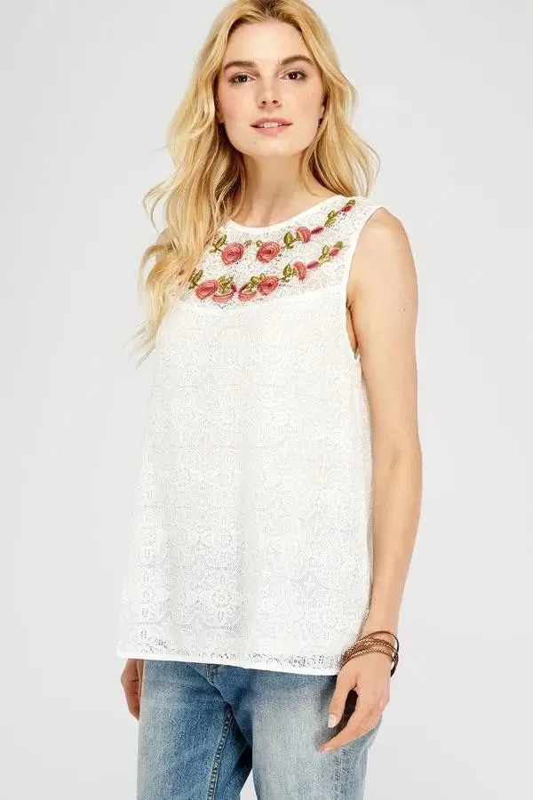 Floral Embroidered Boat-Neck Sleeveless Top