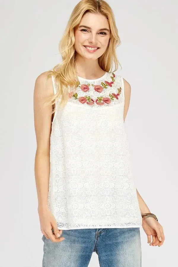 Floral Embroidered Boat-Neck Sleeveless Top