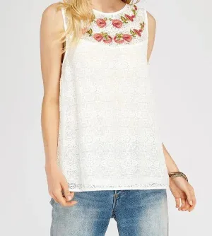 Floral Embroidered Boat-Neck Sleeveless Top