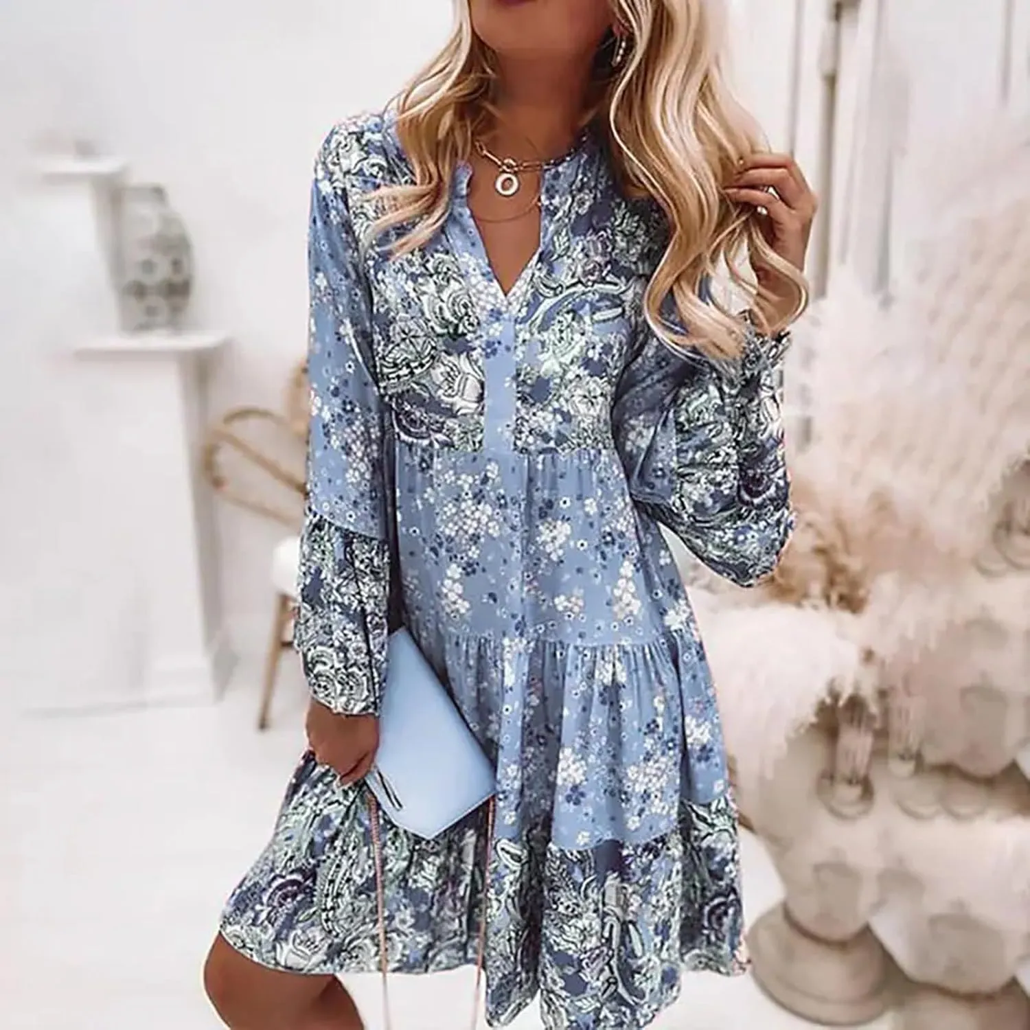 Floral Midi Dresses for Women 3/4 Sleeve Vintage Ruffle Flowy Boho Dress Summer Tassel Tie Neck Vacation Beach Sundress