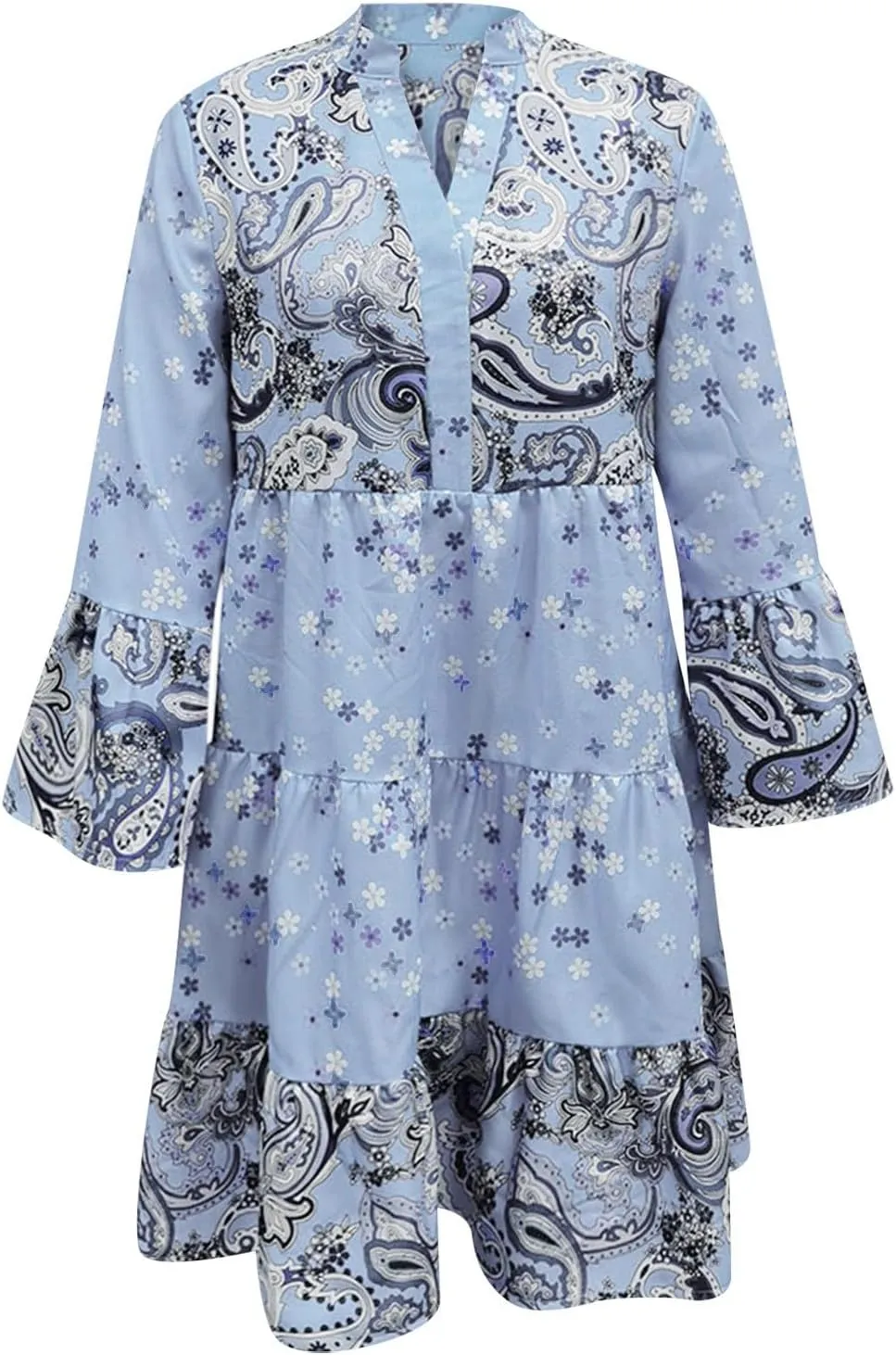 Floral Midi Dresses for Women 3/4 Sleeve Vintage Ruffle Flowy Boho Dress Summer Tassel Tie Neck Vacation Beach Sundress