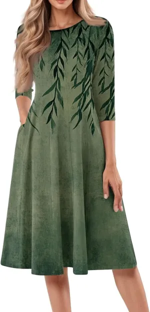 Floral Print Summer Dress for Women Plus Size Vintage 3/4 Sleeve Crewneck Flowy Pleated Midi Dresses Casual Sundress