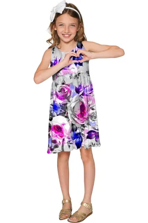 Floral Touch Sanibel Empire Waist Cute Grey Dress - Girls