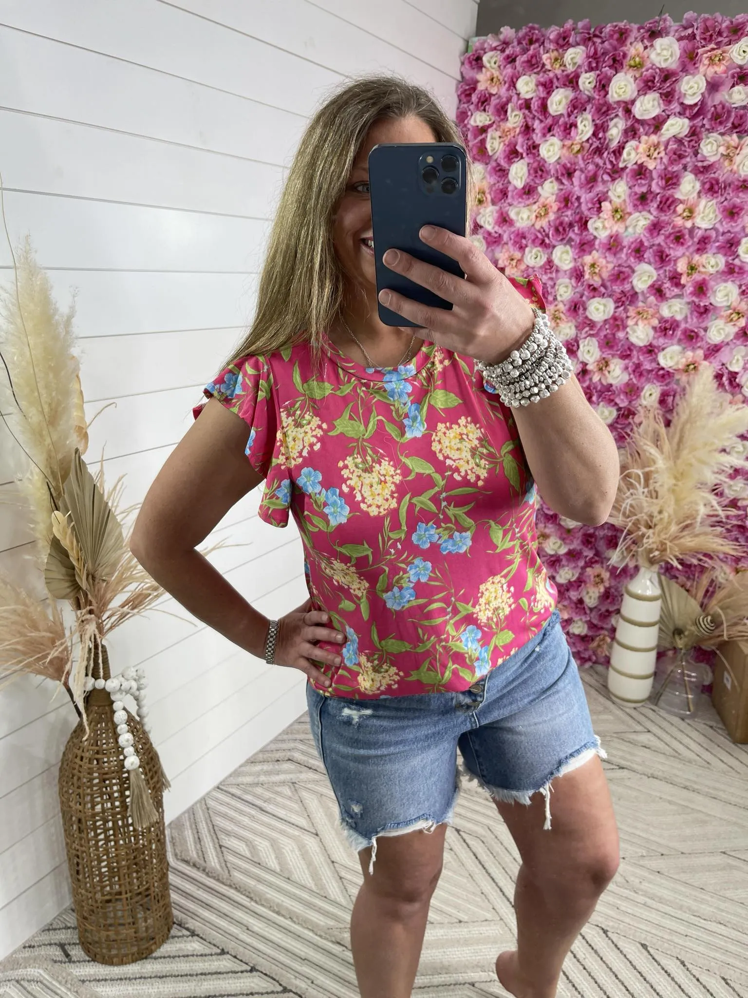 FUCHSIA FLORAL ROUND NECK RUFFLE SLEEVE TOP