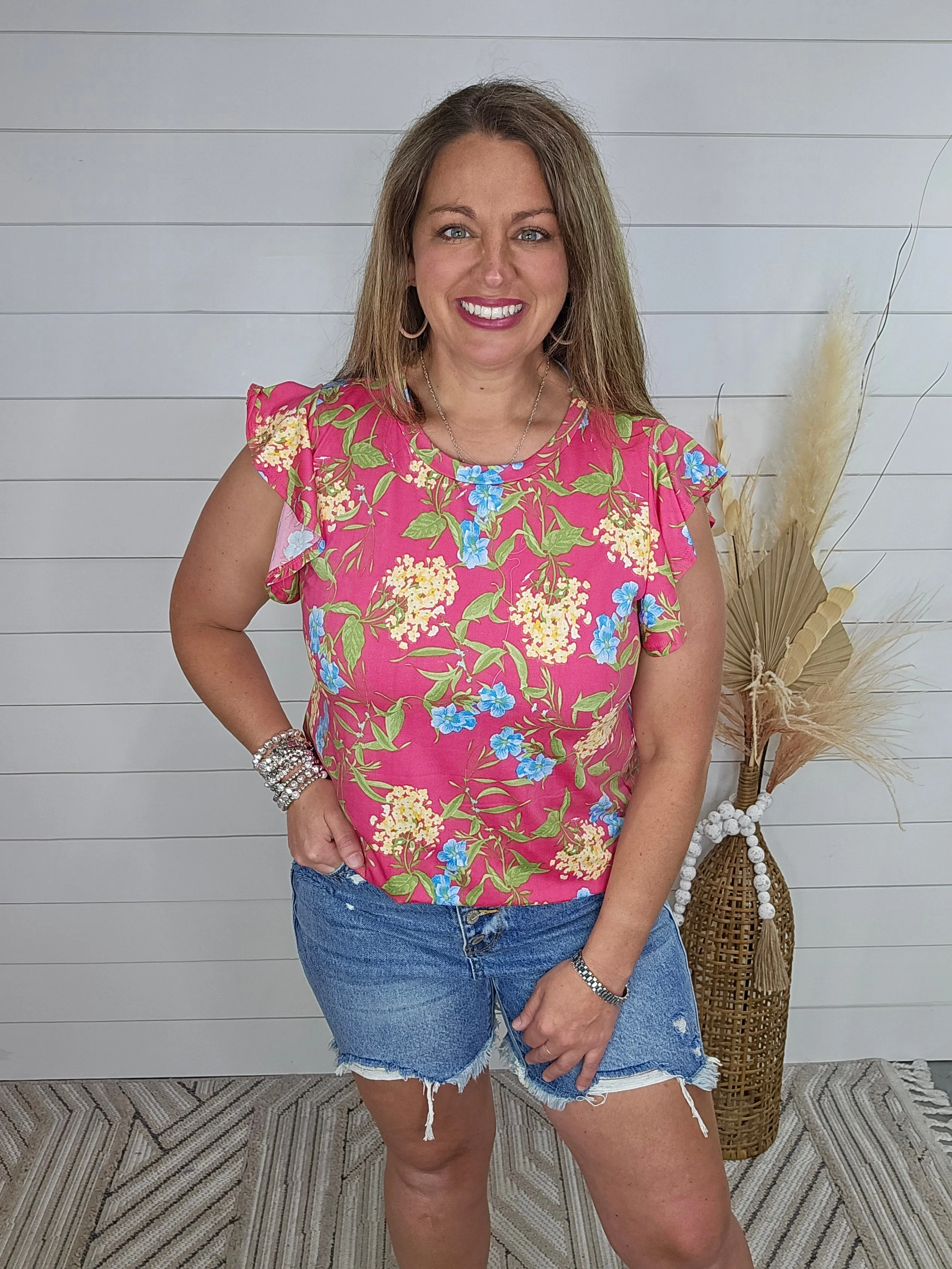 FUCHSIA FLORAL ROUND NECK RUFFLE SLEEVE TOP