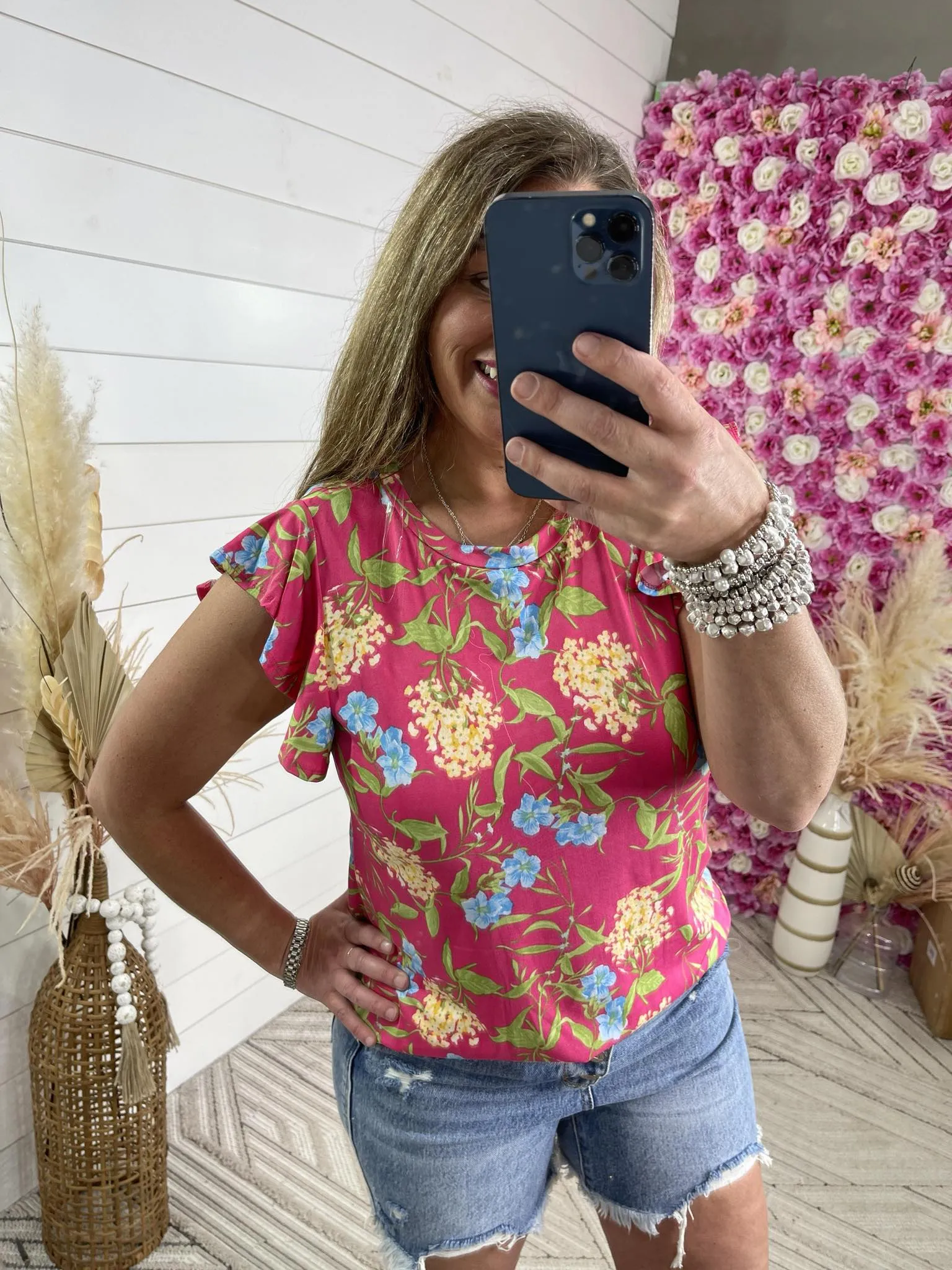 FUCHSIA FLORAL ROUND NECK RUFFLE SLEEVE TOP