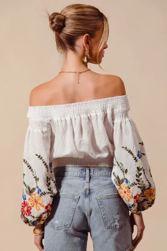 Garden Party Off Shoulder Embroidery Top