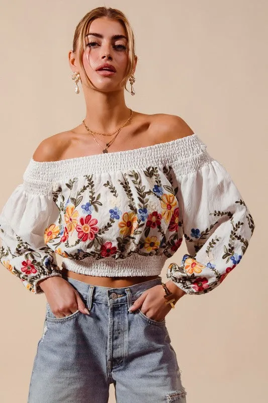 Garden Party Off Shoulder Embroidery Top