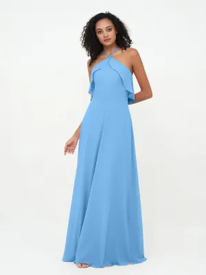 Halter Strap Chiffon Long Bridesmaid Dresses Blue
