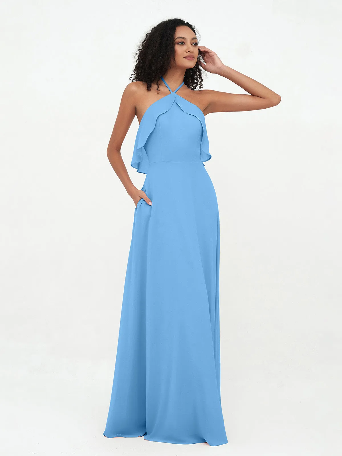 Halter Strap Chiffon Long Bridesmaid Dresses Blue