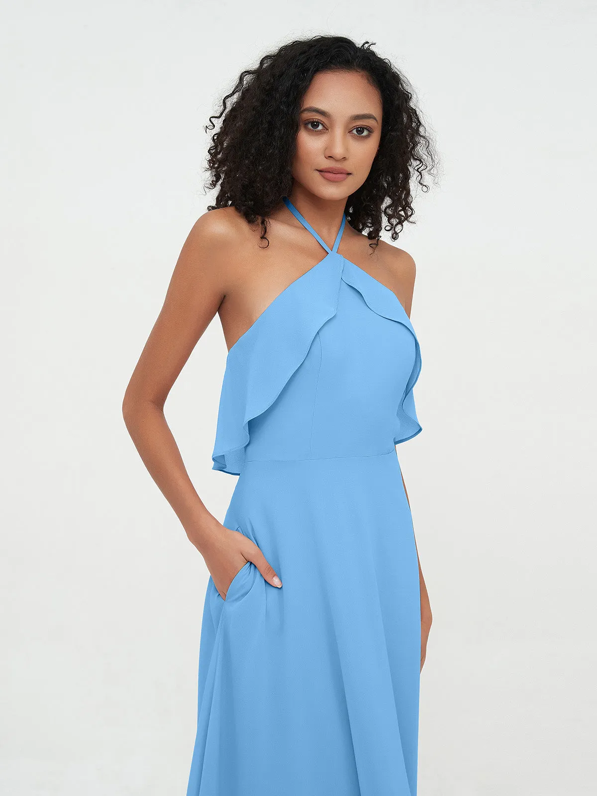 Halter Strap Chiffon Long Bridesmaid Dresses Blue