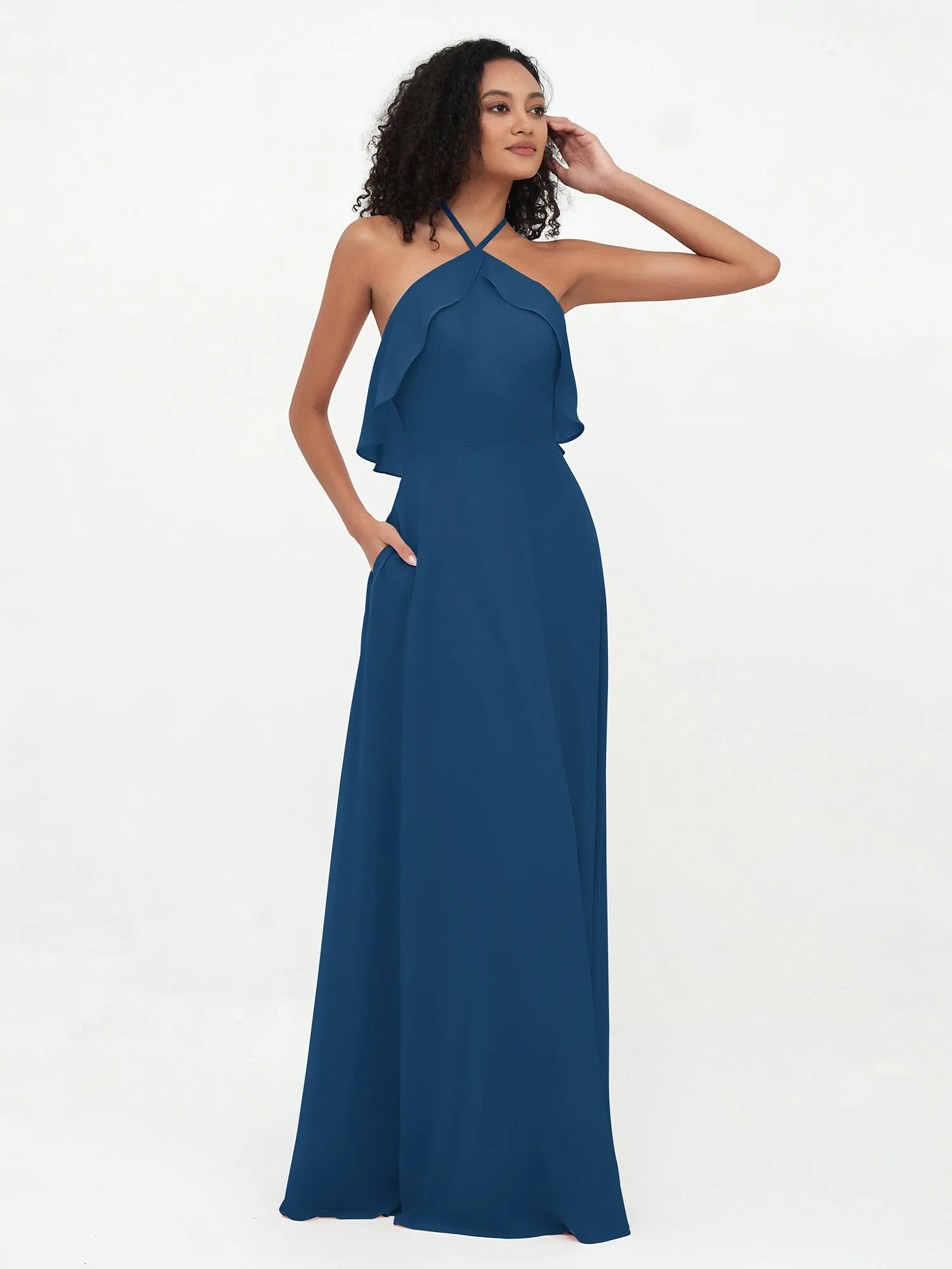 Halter Strap Chiffon Long Bridesmaid Dresses Ink Blue