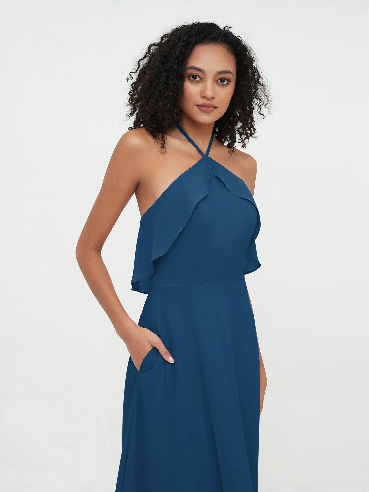 Halter Strap Chiffon Long Bridesmaid Dresses Ink Blue