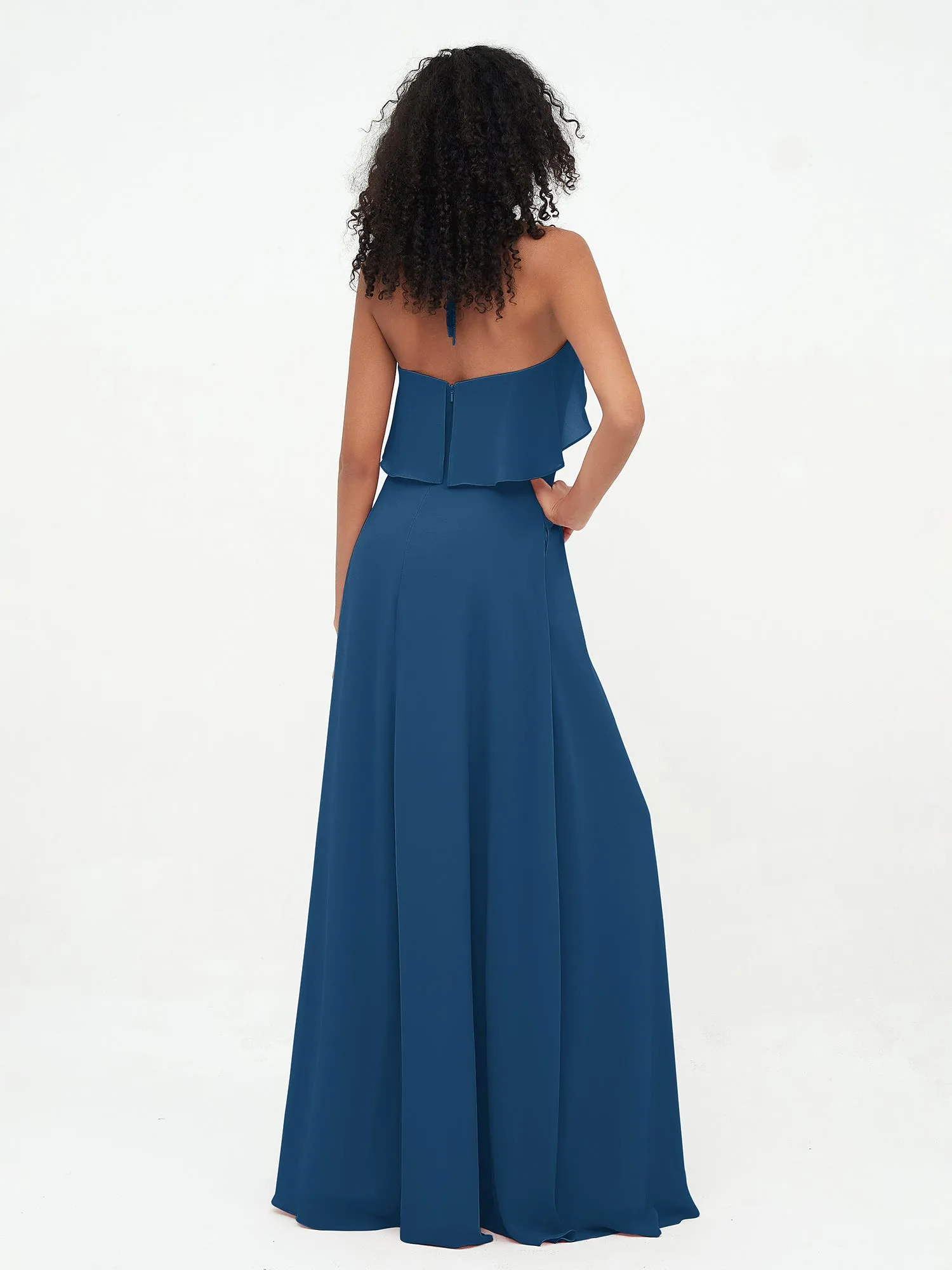 Halter Strap Chiffon Long Bridesmaid Dresses Ink Blue