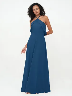 Halter Strap Chiffon Long Bridesmaid Dresses Ink Blue