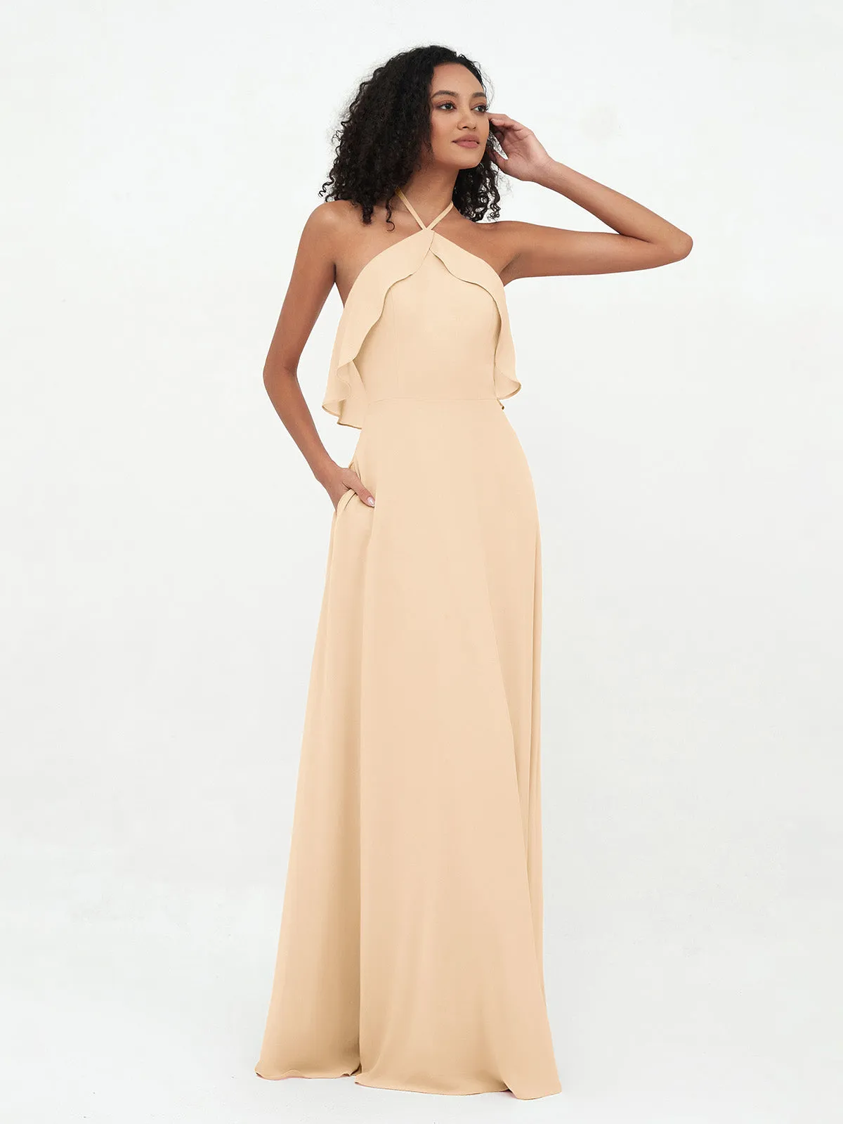Halter Strap Chiffon Long Bridesmaid Dresses Peach
