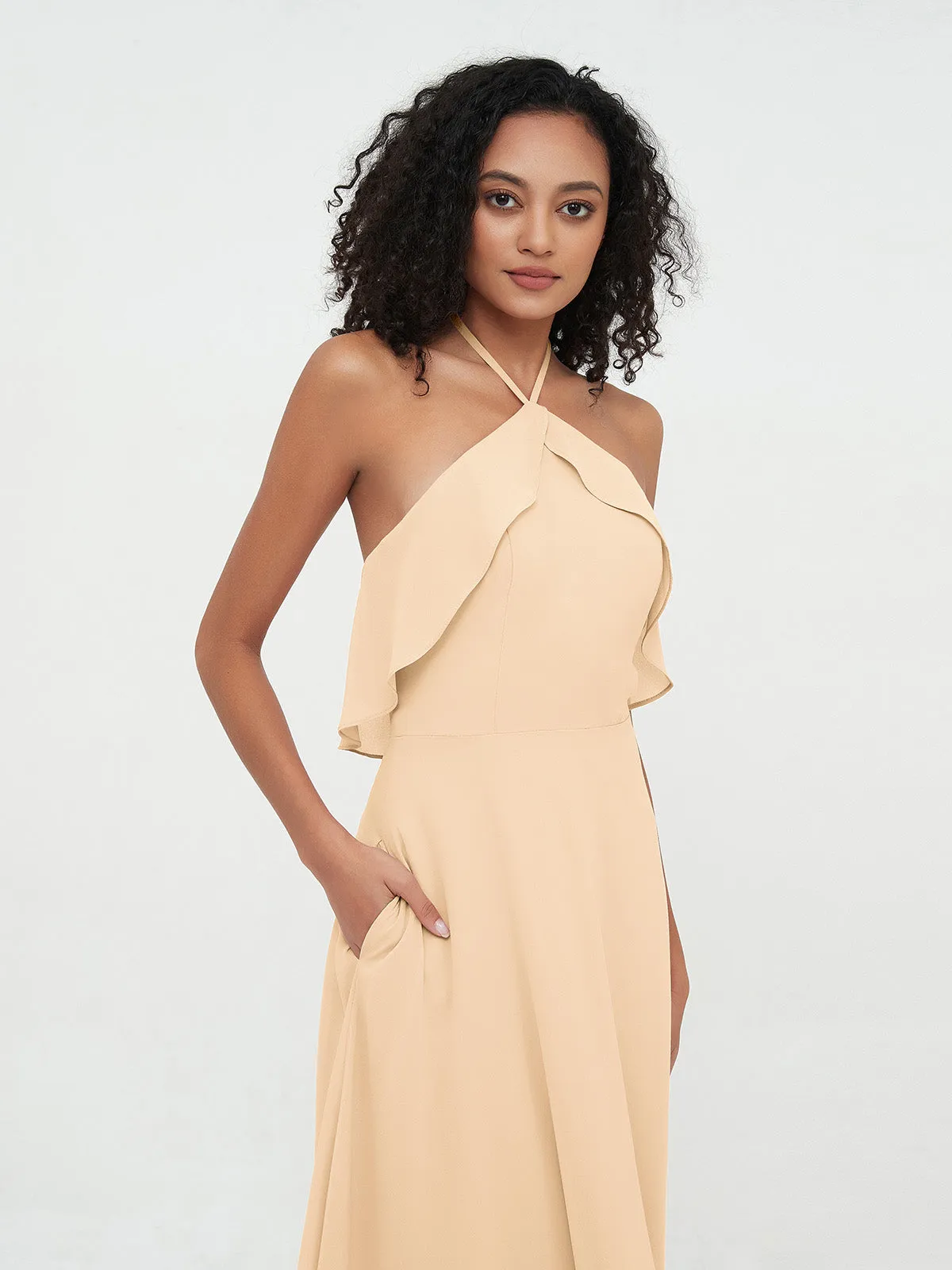 Halter Strap Chiffon Long Bridesmaid Dresses Peach