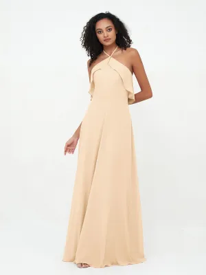 Halter Strap Chiffon Long Bridesmaid Dresses Peach